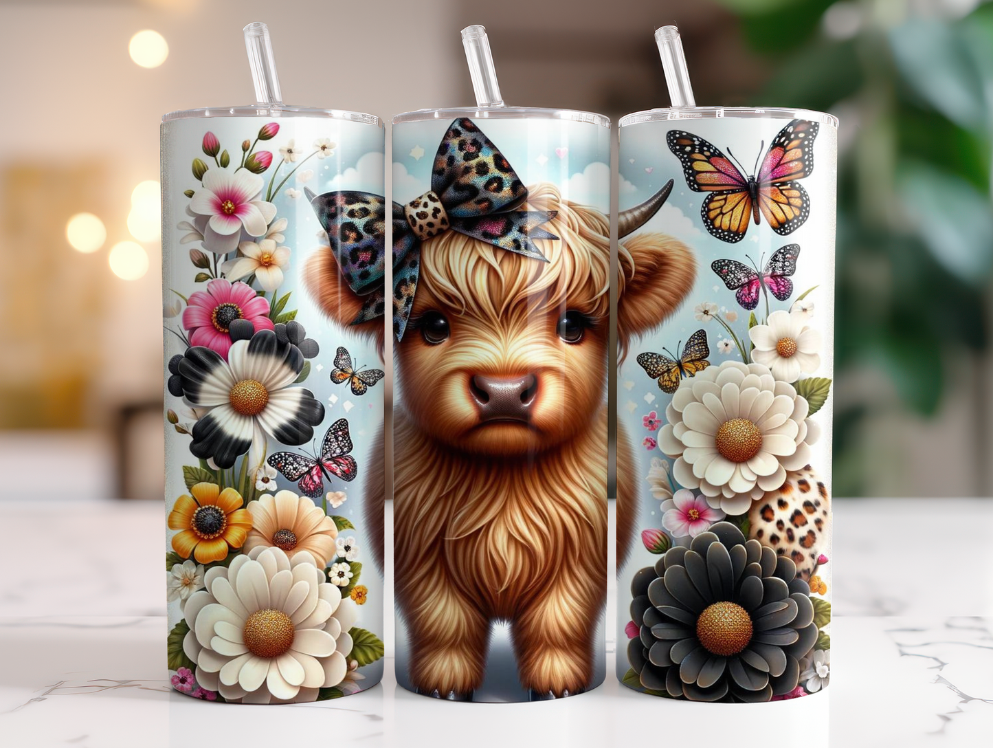 "BABY HIGHLAND COW AND BUTTERFLIES" TUMBLER 20 OZ