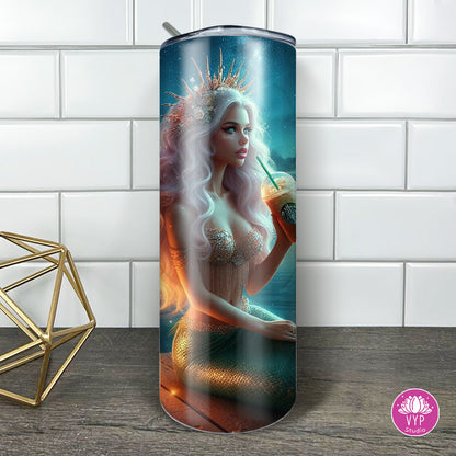 " MERMAID WITH COFFEE "Skinny Tumbler 20 0z