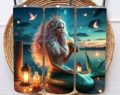 " MERMAID WITH COFFEE "Skinny Tumbler 20 0z